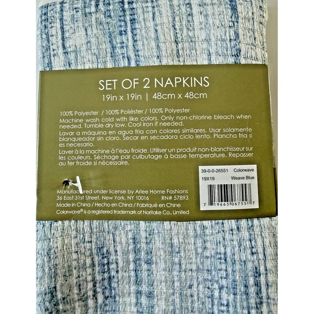 Noritake Colorwave Fabric Napkins Weave Blue 19x19 Inch Set of 4 Machine Wash